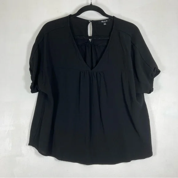 Madewell Blouse Women’s Viscose Shirred Black V-Neck Short Sleeve Back Keyhole M - Picture 1 of 10